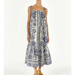 FARM RIO Pineapple Garden Shoulder Tie Midi Dress Blue White Medium M